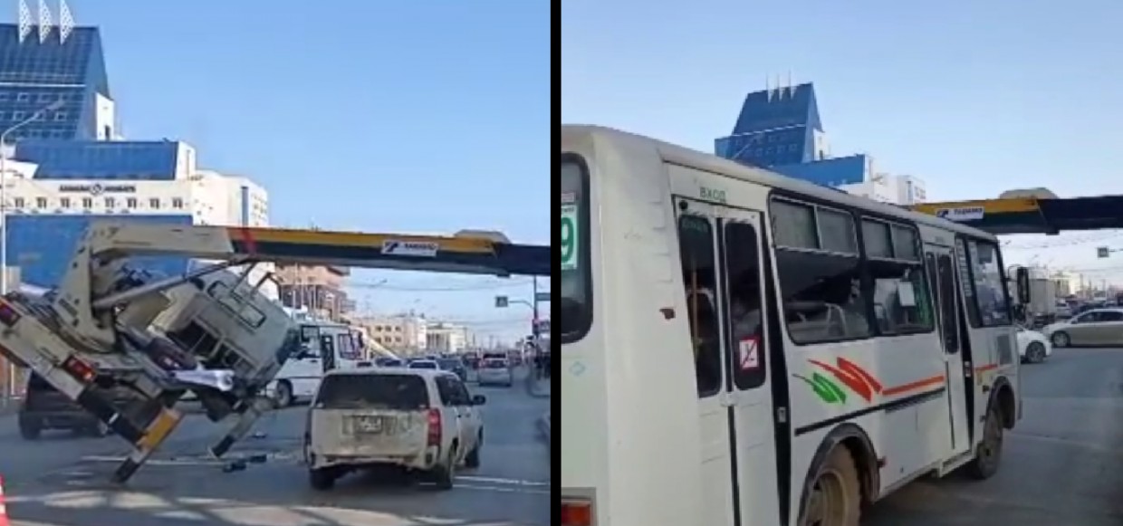В Якутске упал автокран и под его стрелой чуть не застрял автобус